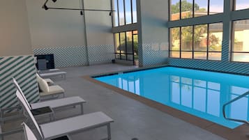 Indoor pool, seasonal outdoor pool, pool loungers