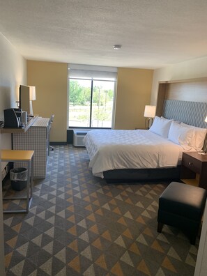 Une chambre d’hôtel avec un lit, un bureau et une chaise, une fenêtre donnant sur un paysage agréable et un sol à motifs.