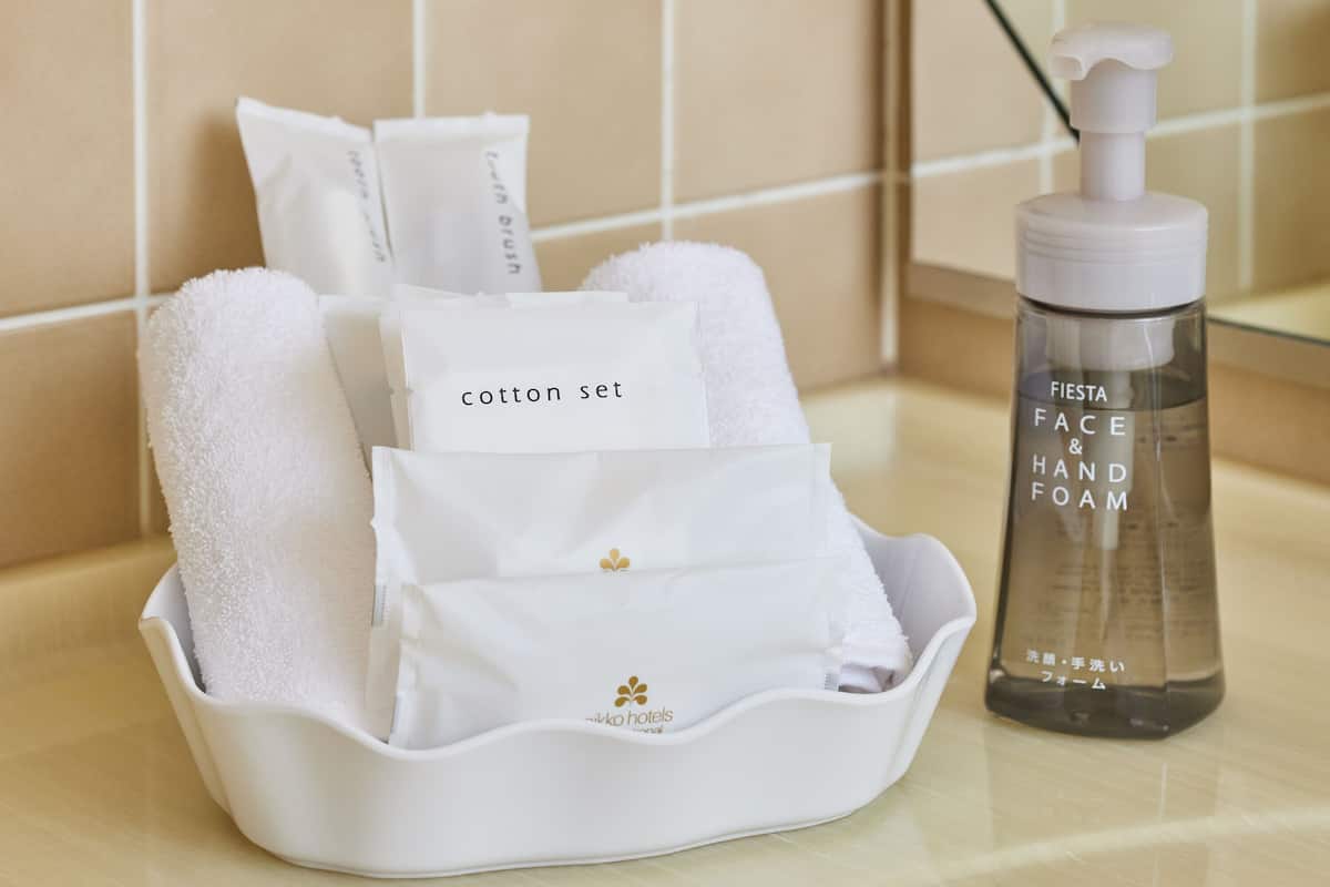 combined shower/bathtub, eco-friendly toiletries, hair dryer, slippers