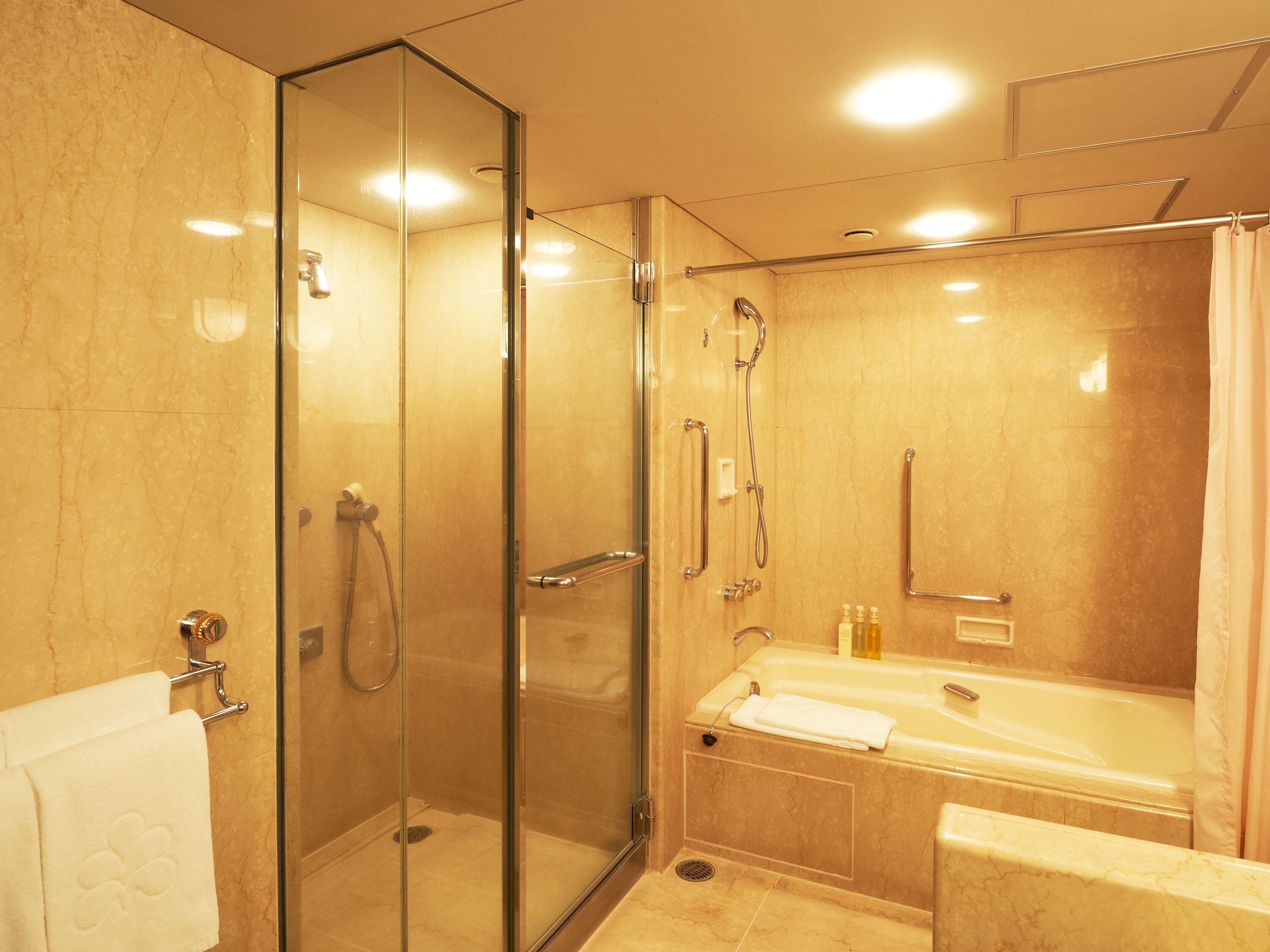 A modern bathroom with a glass-enclosed shower, a bathtub, and a glass door.