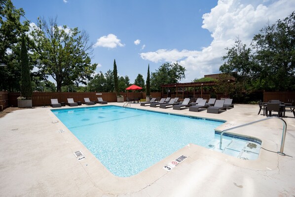 Outdoor pool, pool umbrellas, pool loungers