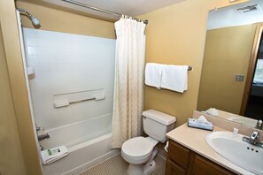 Combined shower/tub, free toiletries, hair dryer, towels