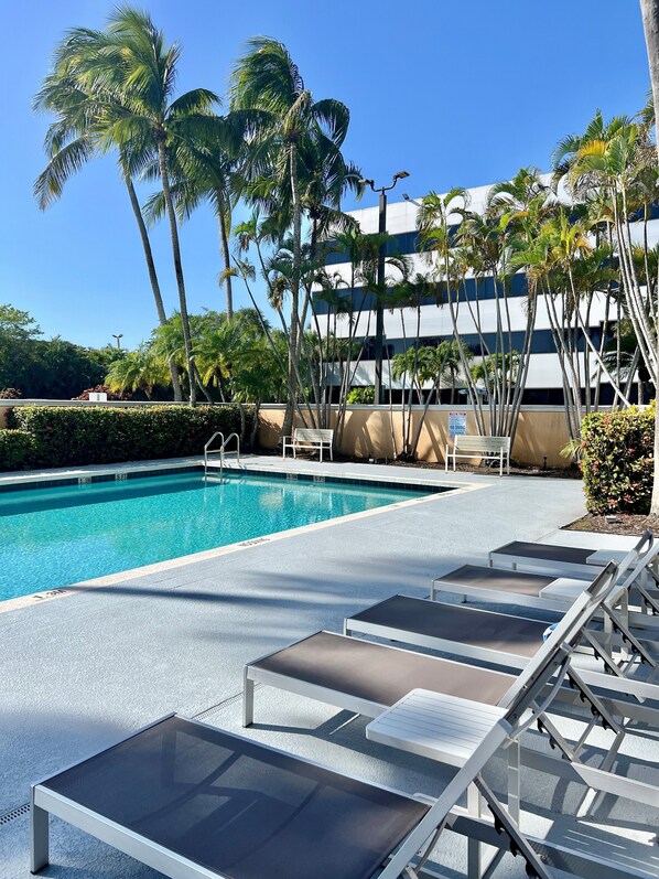 Outdoor pool, pool loungers