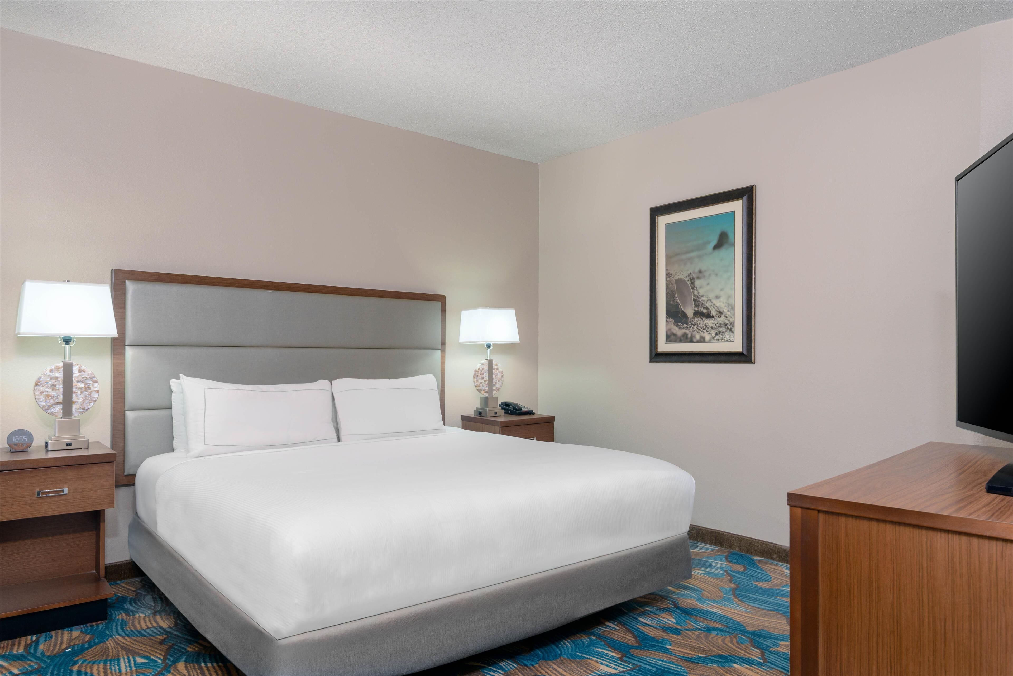 A hotel room with a large bed, two bedside tables with lamps, a flat-screen TV, and a framed picture on the wall.