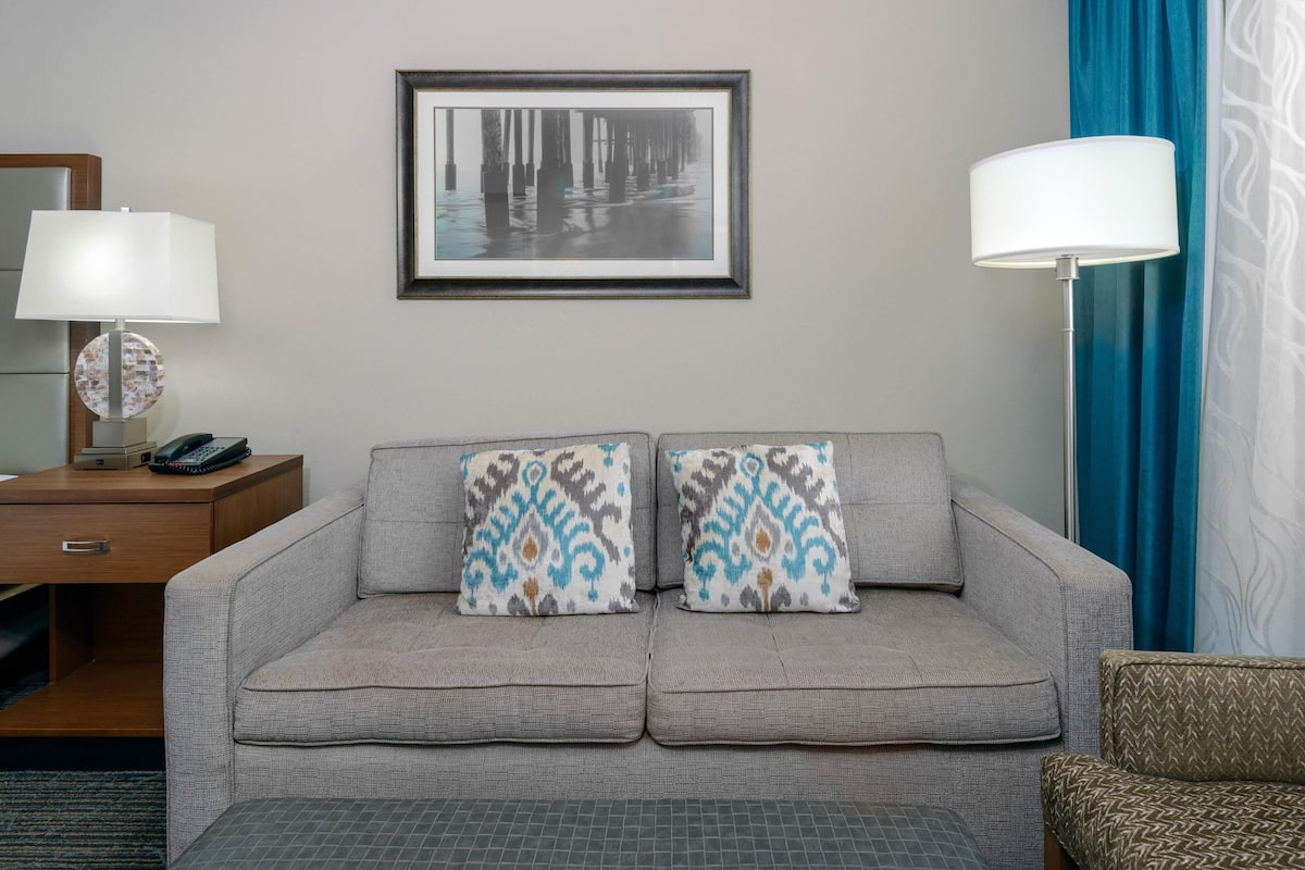 Una habitación de hotel moderna con un sofá gris, dos almohadones estampados, una obra de arte enmarcada sobre el sofá, una mesita de noche con una lámpara y una cortina con diseño.