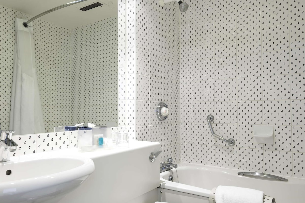 combined shower/bathtub, free toiletries, hair dryer, towels