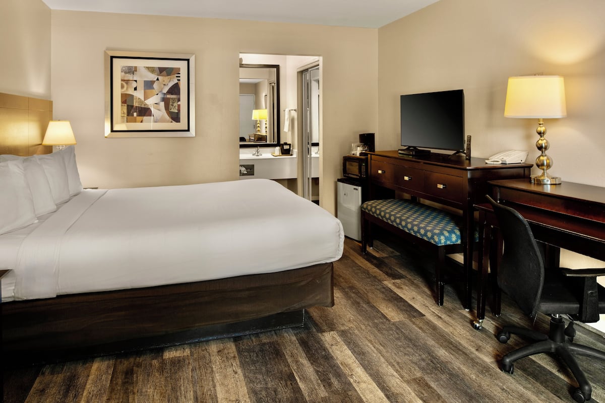 A hotel room with a large bed, a desk with a chair, a television, a desk lamp, a microwave, and a framed picture on the wall.