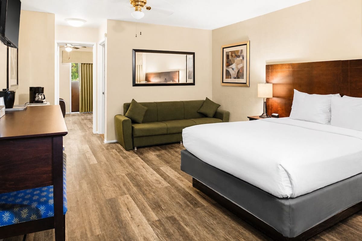 A hotel room with a bed, a desk, a sofa, and a mirror.