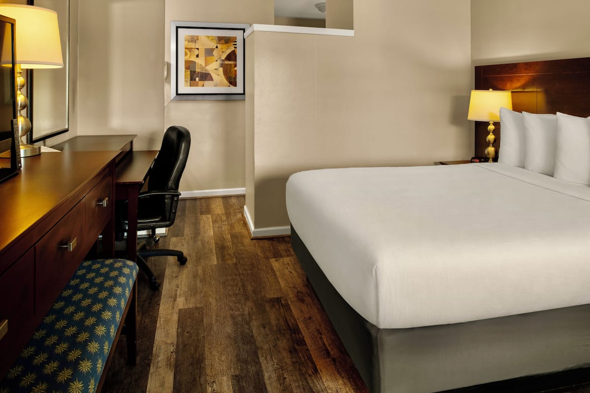 A hotel room with a bed, a desk with a lamp, a chair, and a framed picture on the wall.