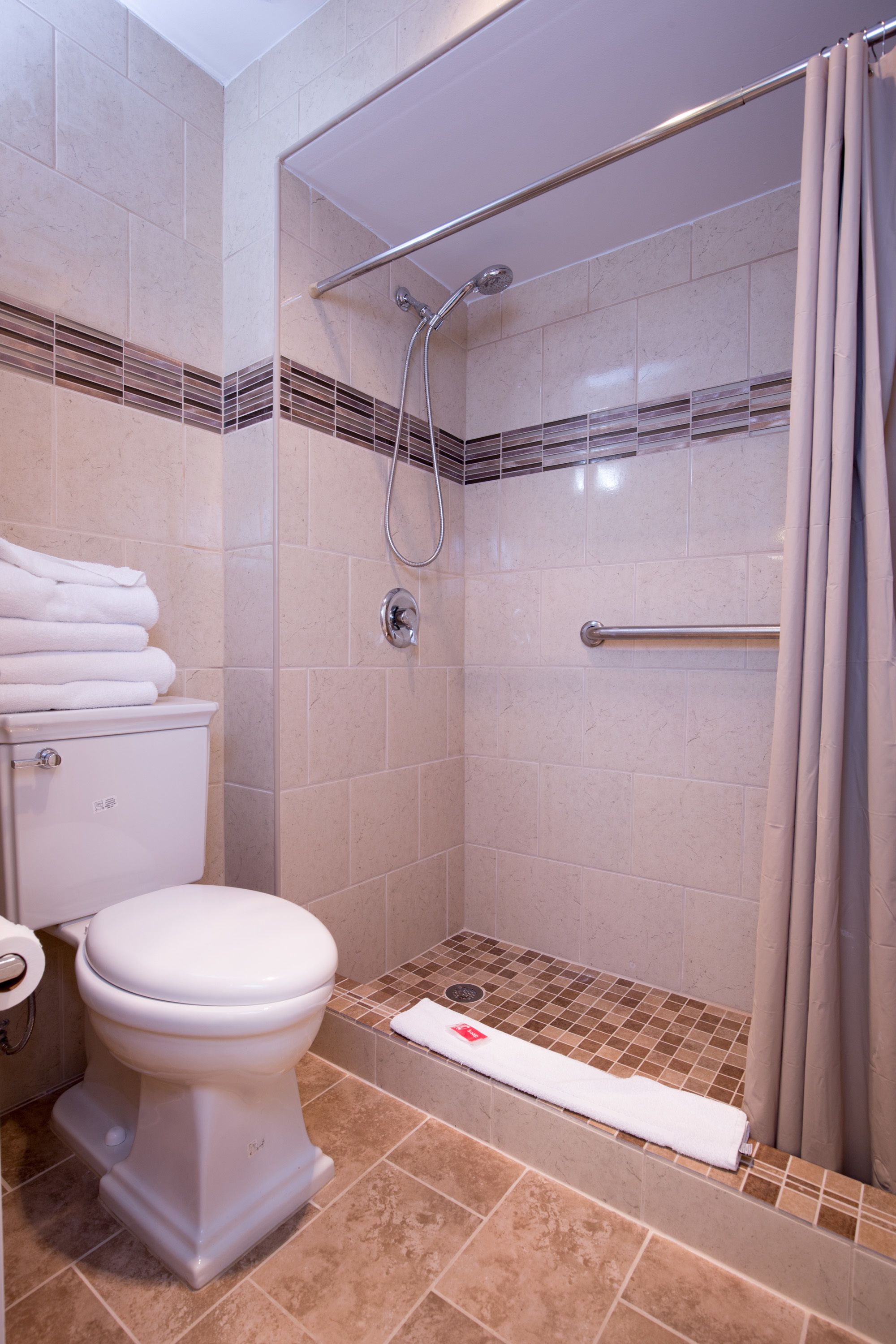 Une salle de bain avec une douche, des toilettes et un porte-serviettes.
