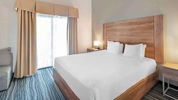 Hypo-allergenic bedding, in-room safe, blackout drapes