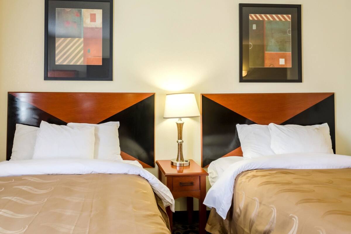 Habitación de hotel con dos camas, una mesita de noche con lámpara y arte abstracto en las paredes.