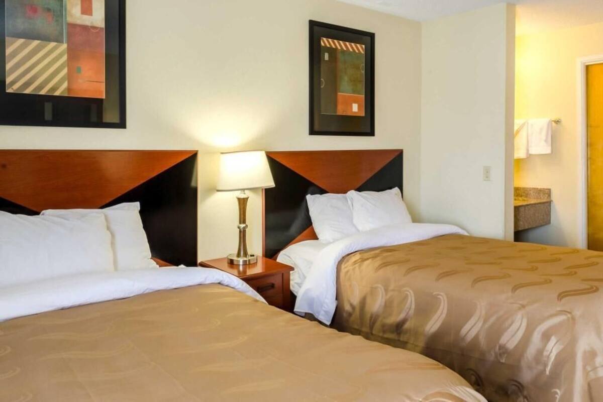 Habitación de hotel con dos camas, una mesita de noche con lámpara y un cuadro enmarcado en la pared.