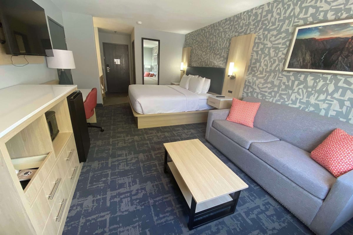 standard room, 1 king bed, non smoking (walk-in shower;with sofabed) | pillow-top beds, desk, laptop workspace, blackout curtains