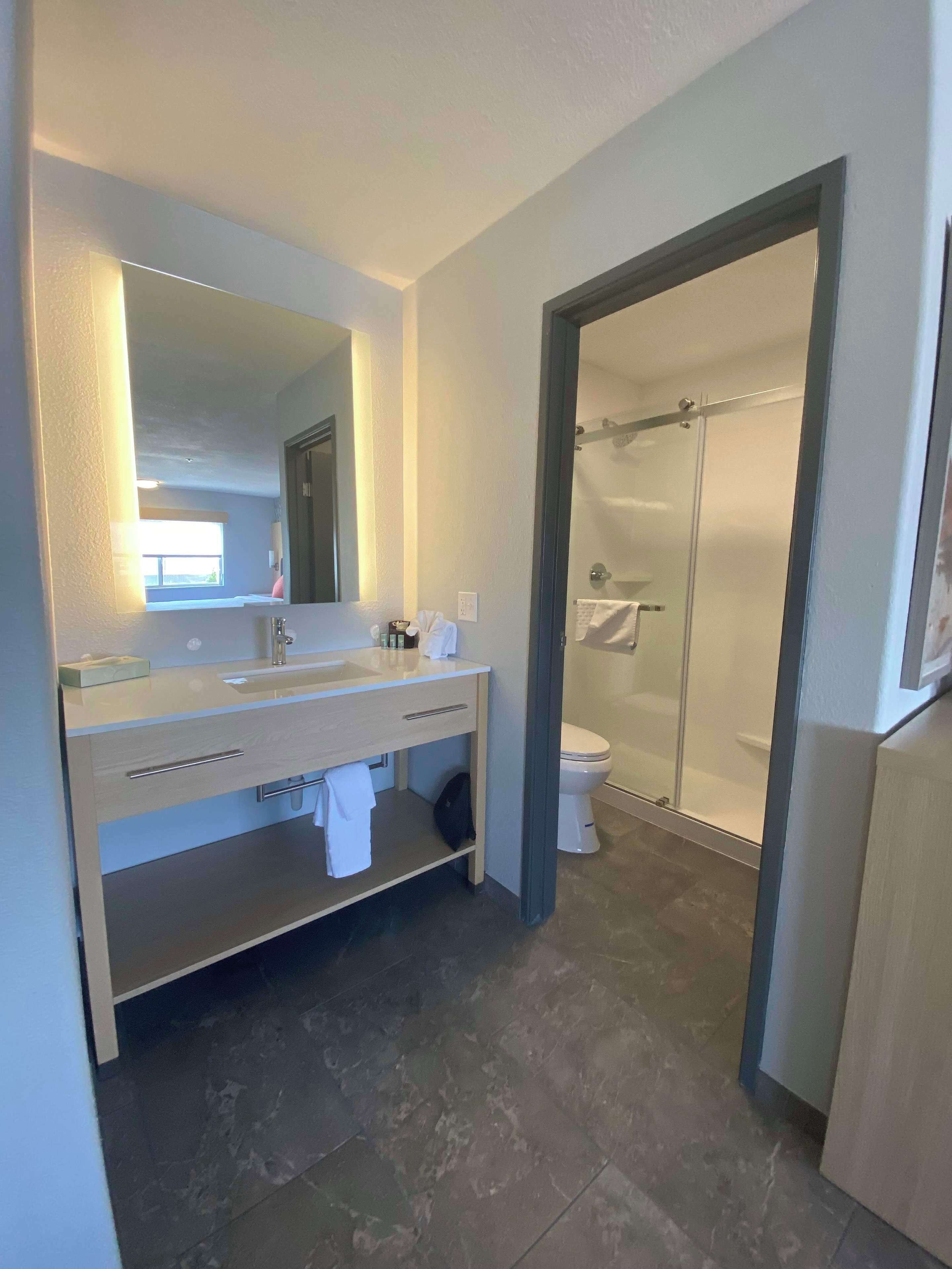 suite, 1 king bed, non smoking, kitchenette (dining table;walk-in shower) | bathroom | combined shower/bathtub, free toiletries, hair dryer, towels