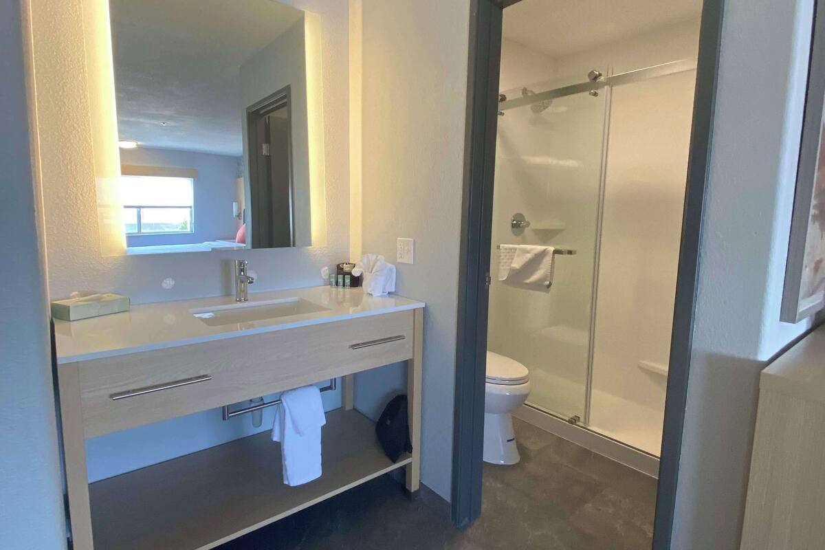 suite, 1 king bed, non smoking, kitchenette (dining table;walk-in shower) | bathroom | combined shower/bathtub, free toiletries, hair dryer, towels