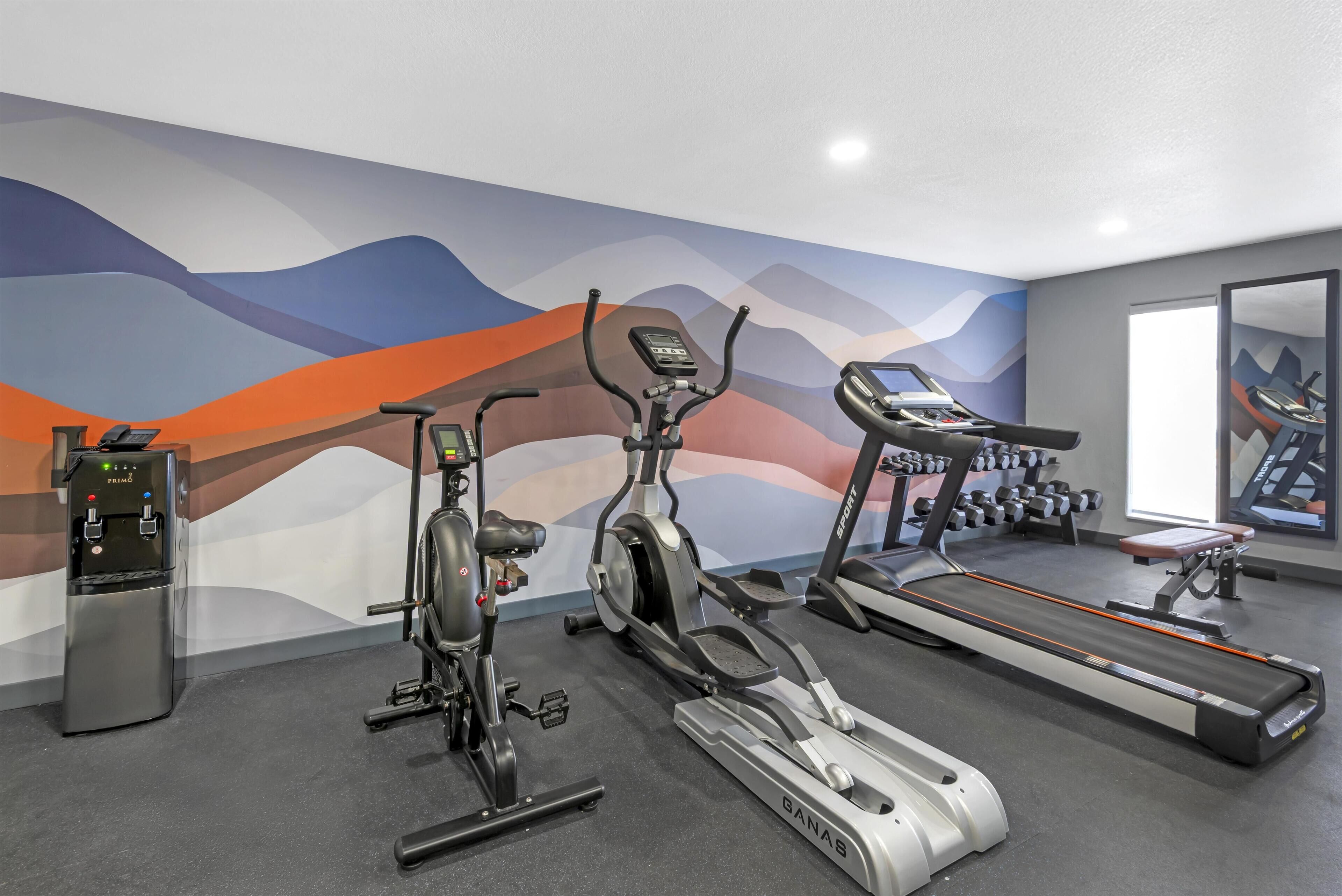 A gym with stationary bikes, a treadmill, and dumbbells.