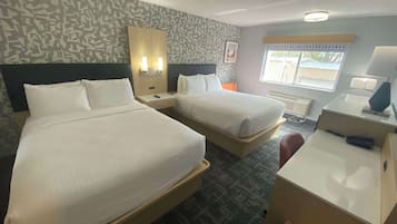 Standard Room, 2 Queen Beds, Non Smoking (Walk-in Shower) | Pillowtop beds, desk, laptop workspace, blackout drapes