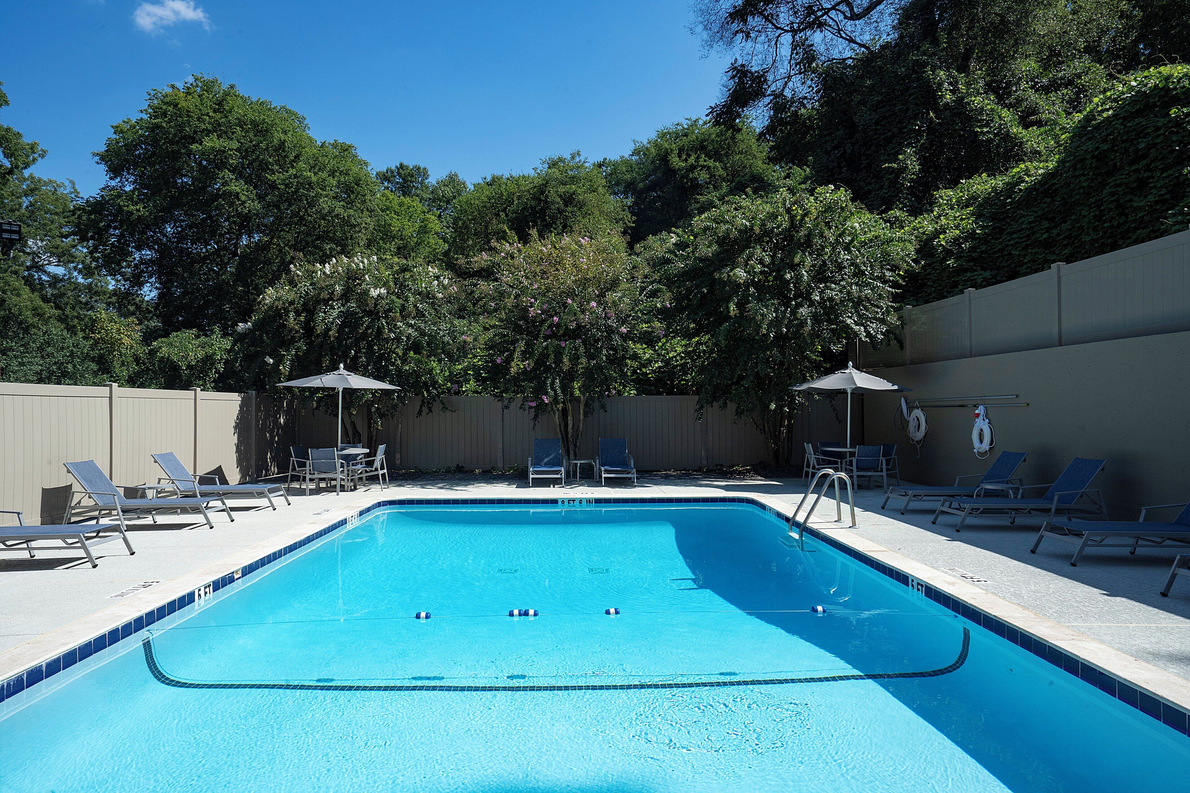 A rectangular swimming pool with a clear blue water surface, surrounded by lounge chairs and umbrellas, with trees and a fence in the background.