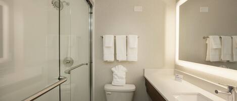 A modern bathroom with a glass shower enclosure, a white toilet, and a large mirror above the sink.