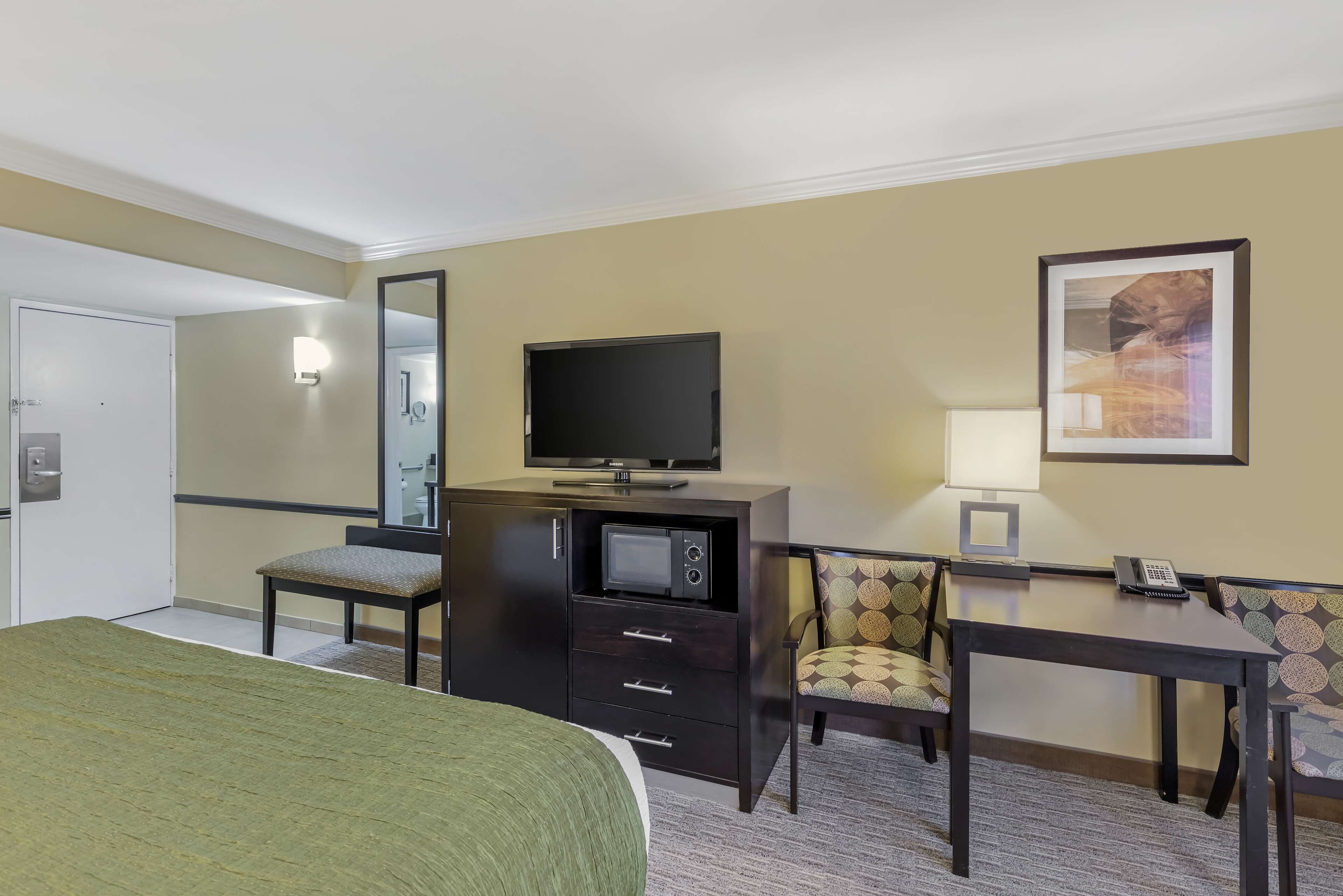 A hotel room with a bed, a desk with a chair, a television, a microwave, a telephone, and a framed picture on the wall.
