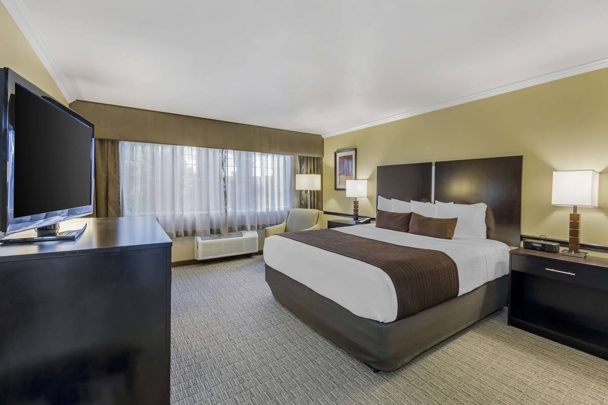 A hotel room with a large bed, a desk with a television, two bedside lamps, and a window with curtains.