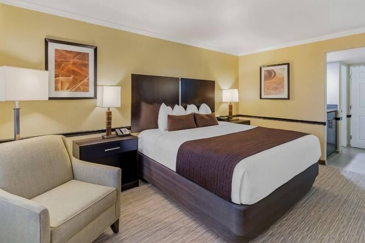 Premium bedding, desk, laptop workspace, blackout curtains