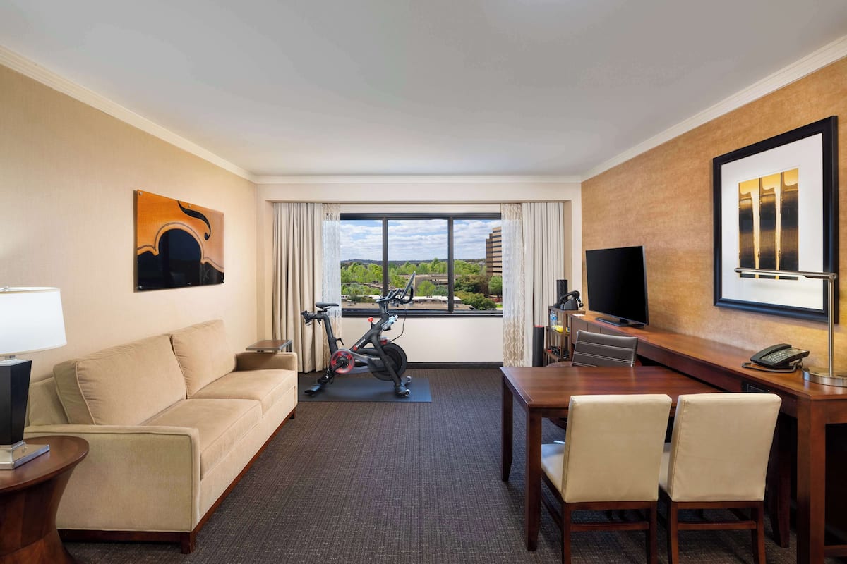 A hotel room with a sofa, a desk with chairs, an exercise bike, a TV, and a large window with a view of greenery.