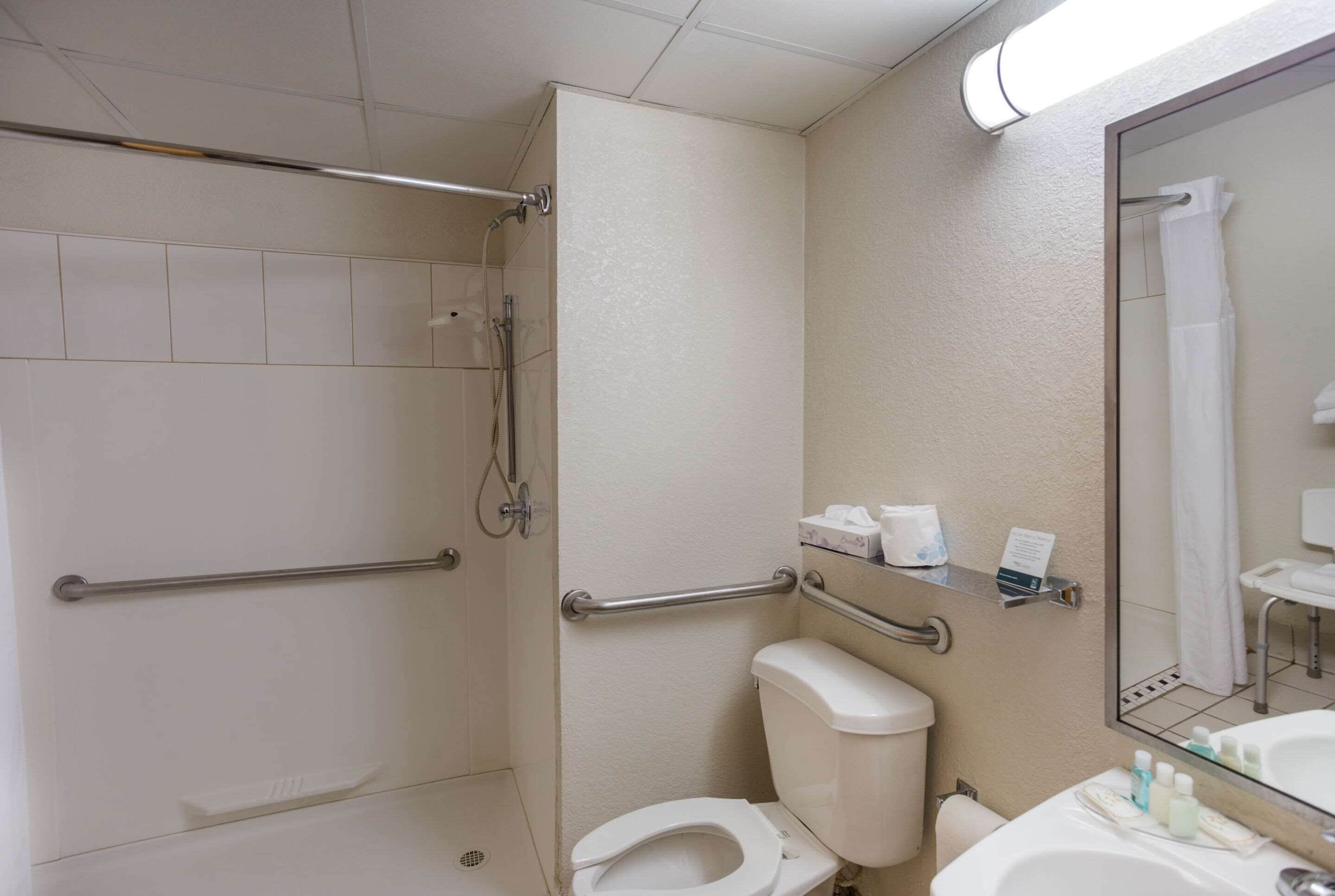A bathroom with a shower, toilet, and sink, equipped with grab bars and a mirror.