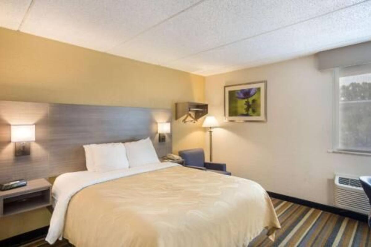 Hypo-allergenic bedding, desk, laptop workspace, blackout drapes