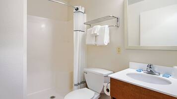 A bathroom with a shower, toilet, sink, and a mirror.