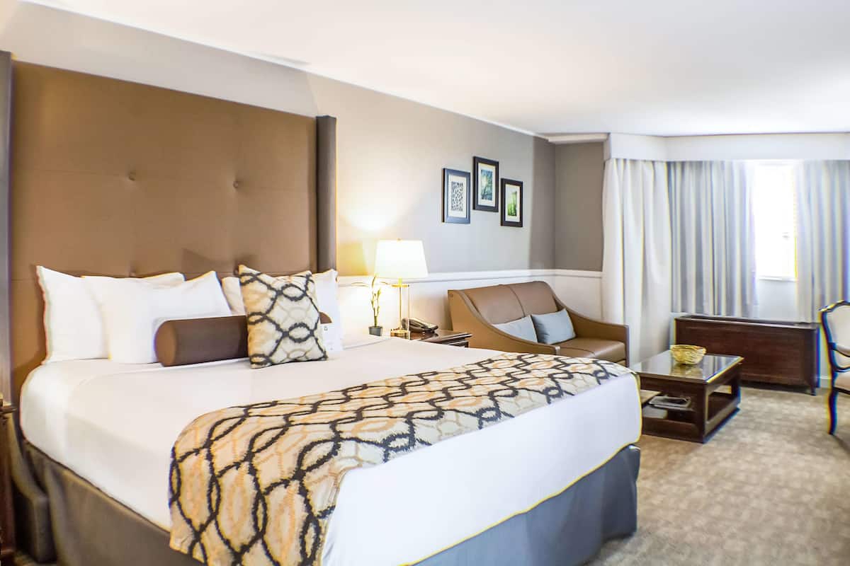 Une chambre d’hôtel avec un grand lit, un bureau, une chaise et une lampe.