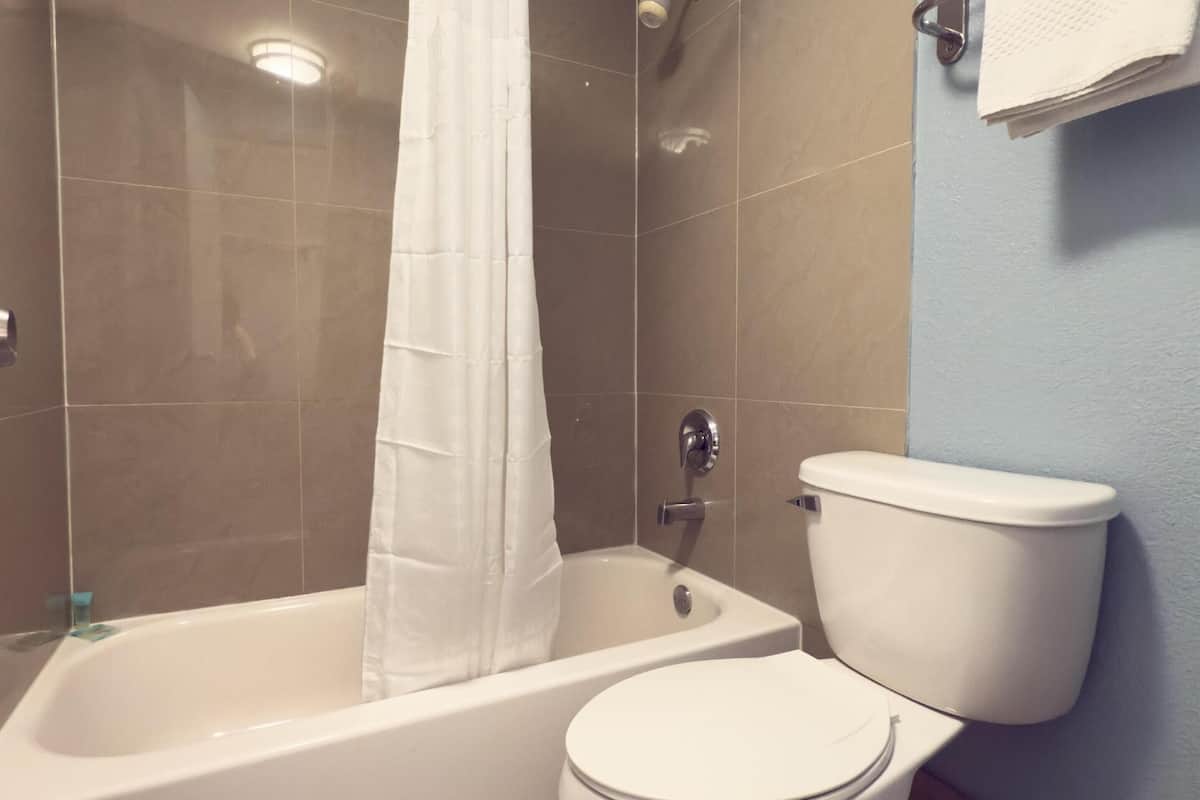 rainfall showerhead, free toiletries, towels