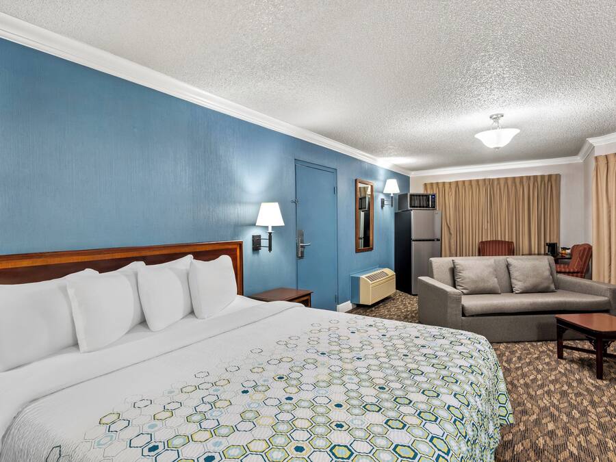 A hotel room with a large bed, a sofa, a desk, and a television.