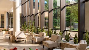 A modern indoor space with seating areas, large windows, and indoor plants. - Hilton Alexandria Mark Center (Alexandria)