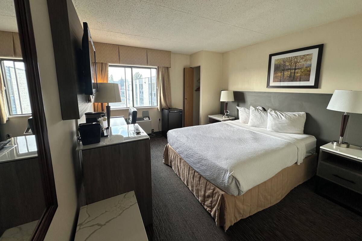 Een hotelkamer met een groot bed, een bureau met een computer, een stoel, een televisie en een raam met gordijnen.