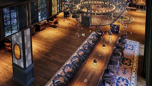 A long wooden table with chairs, a patterned rug, and a large circular chandelier. - Graduate by Hilton Minneapolis (Minneapolis)