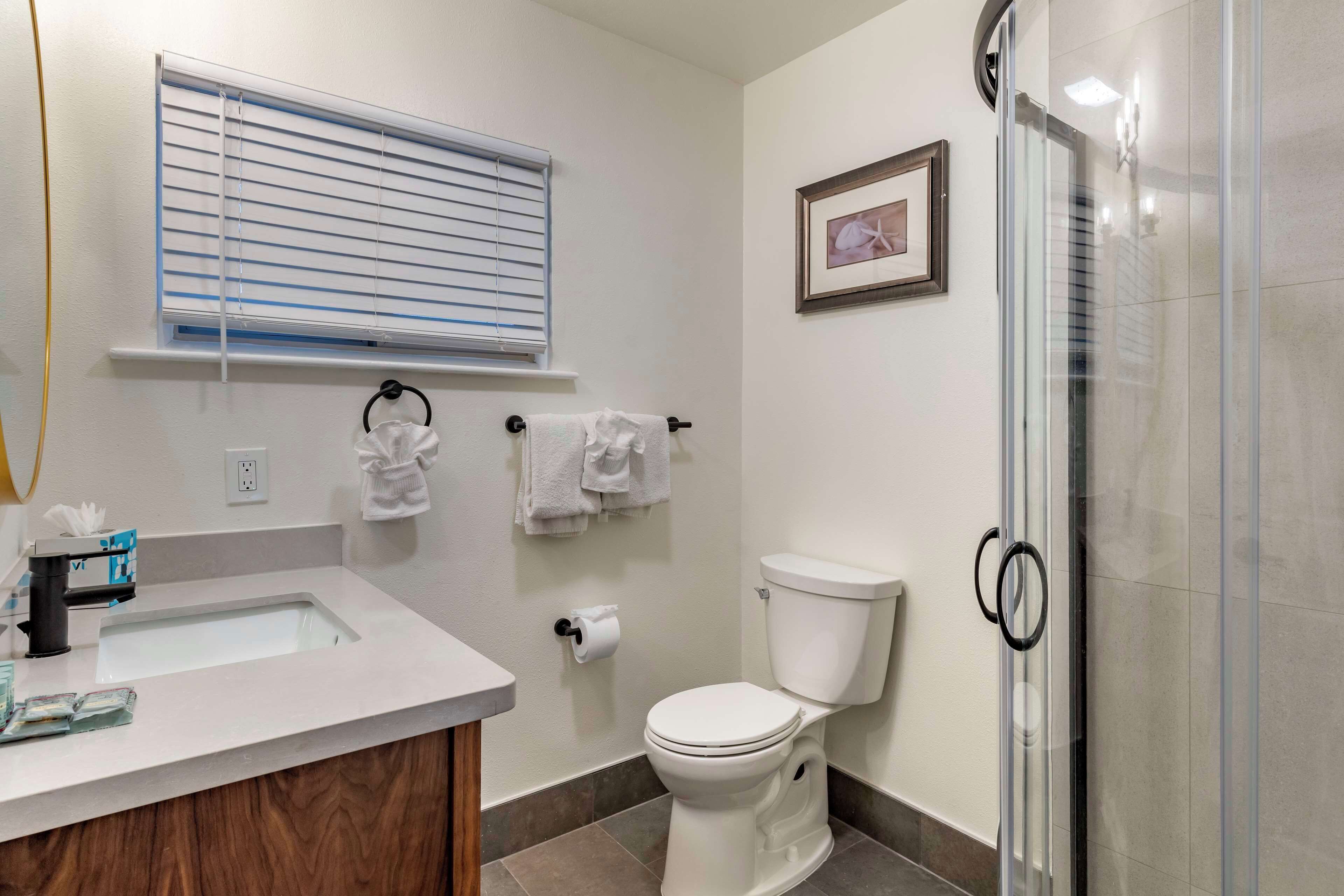 A modern bathroom with a sink, toilet, and shower.