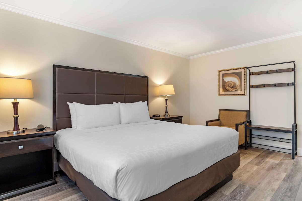 Ein Hotelzimmer mit einem großen Bett, zwei Nachttischen mit Lampen, einem Sessel und einem an der Wand befestigten Regal sowie einem gerahmten Bild.