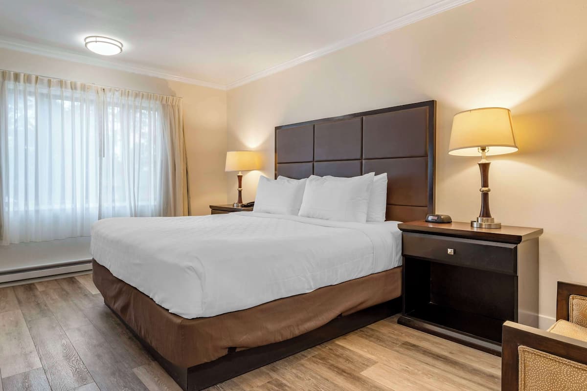 Ein Hotelzimmer mit einem großen Bett, zwei Nachttischen mit Lampen, einer Kopfteil und einem Fenster mit Vorhängen.