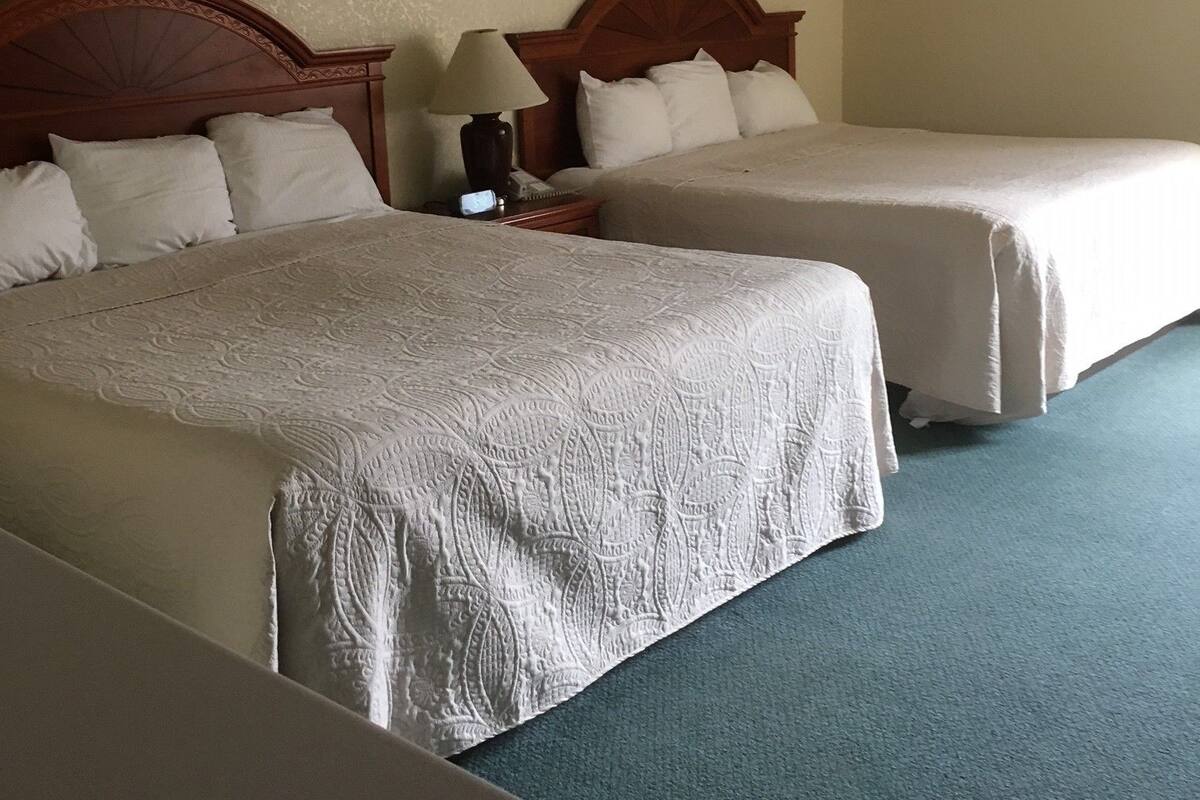 Two single beds with wooden headboards, a bedside table with a lamp, and a plain wall.