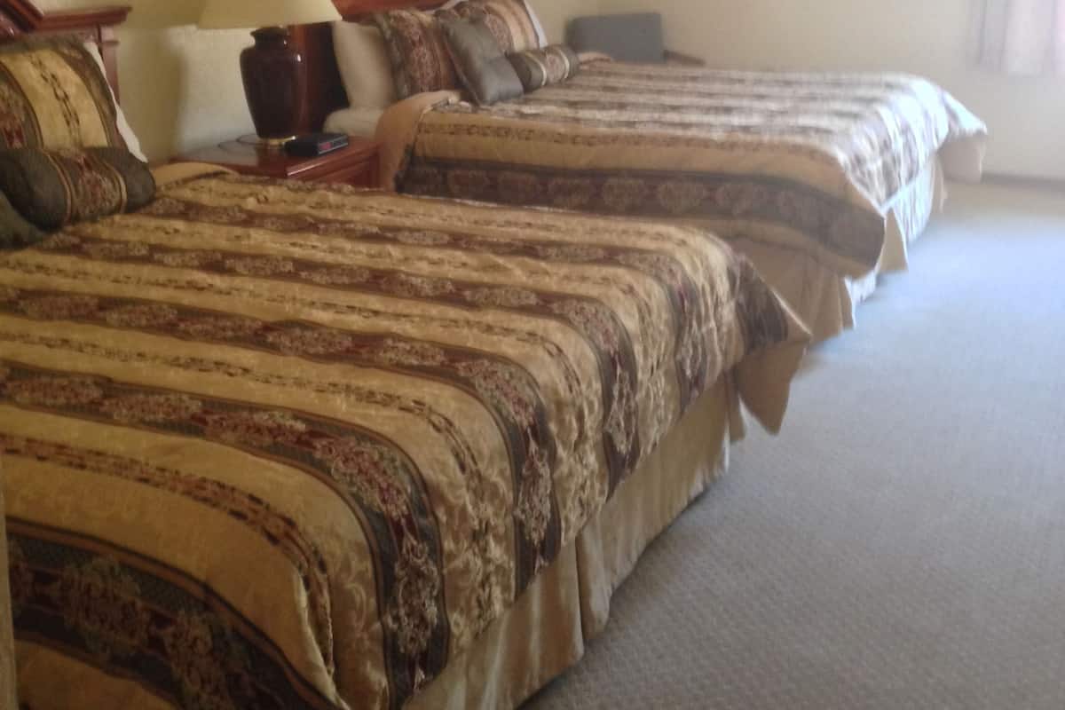 A hotel room with two beds, a nightstand, a lamp, and a framed picture on the wall.