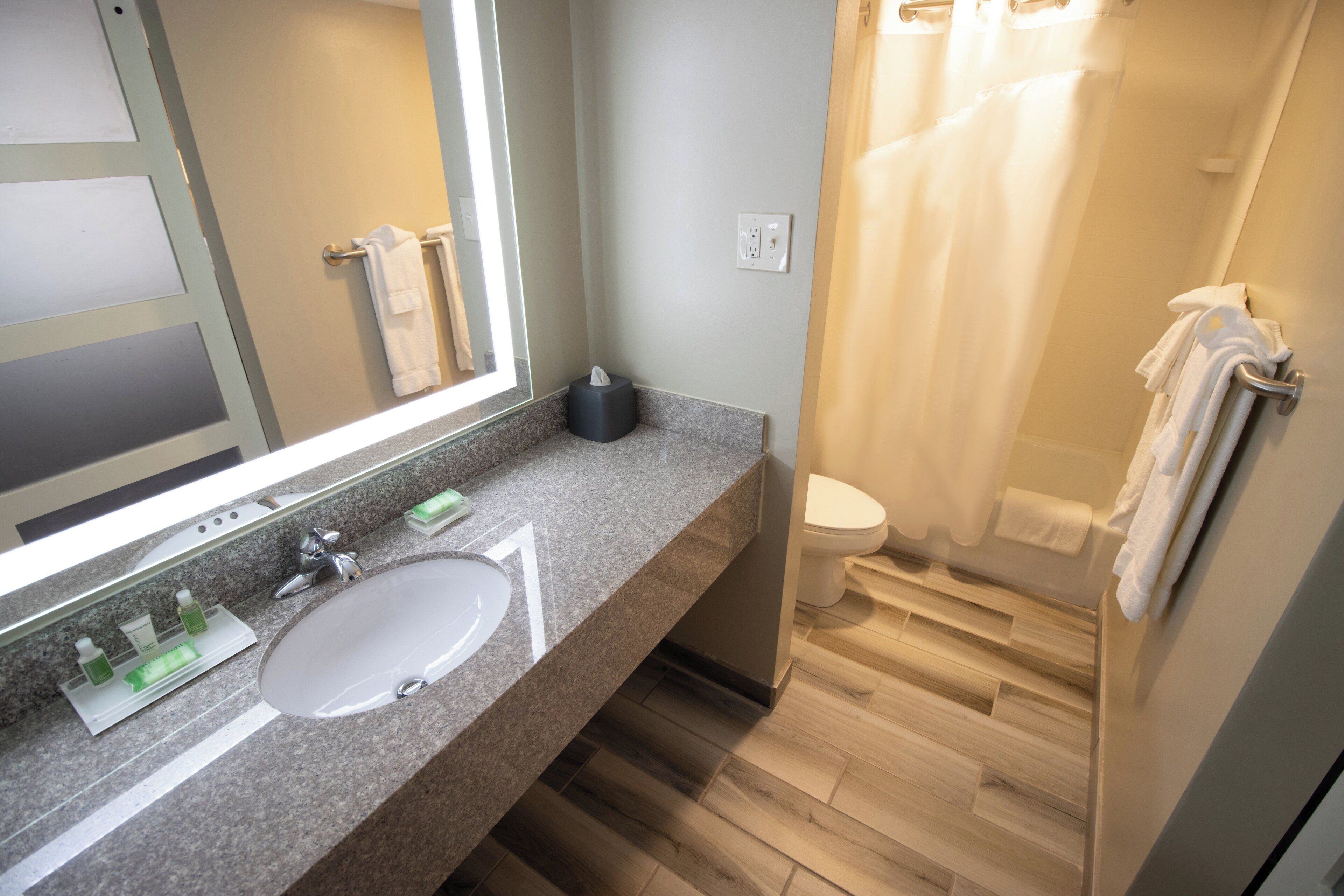 Un baño con encimera de granito, un lavabo, un espejo, un inodoro y una cortina de ducha.