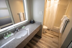 Combined shower/tub, free toiletries, hair dryer, towels