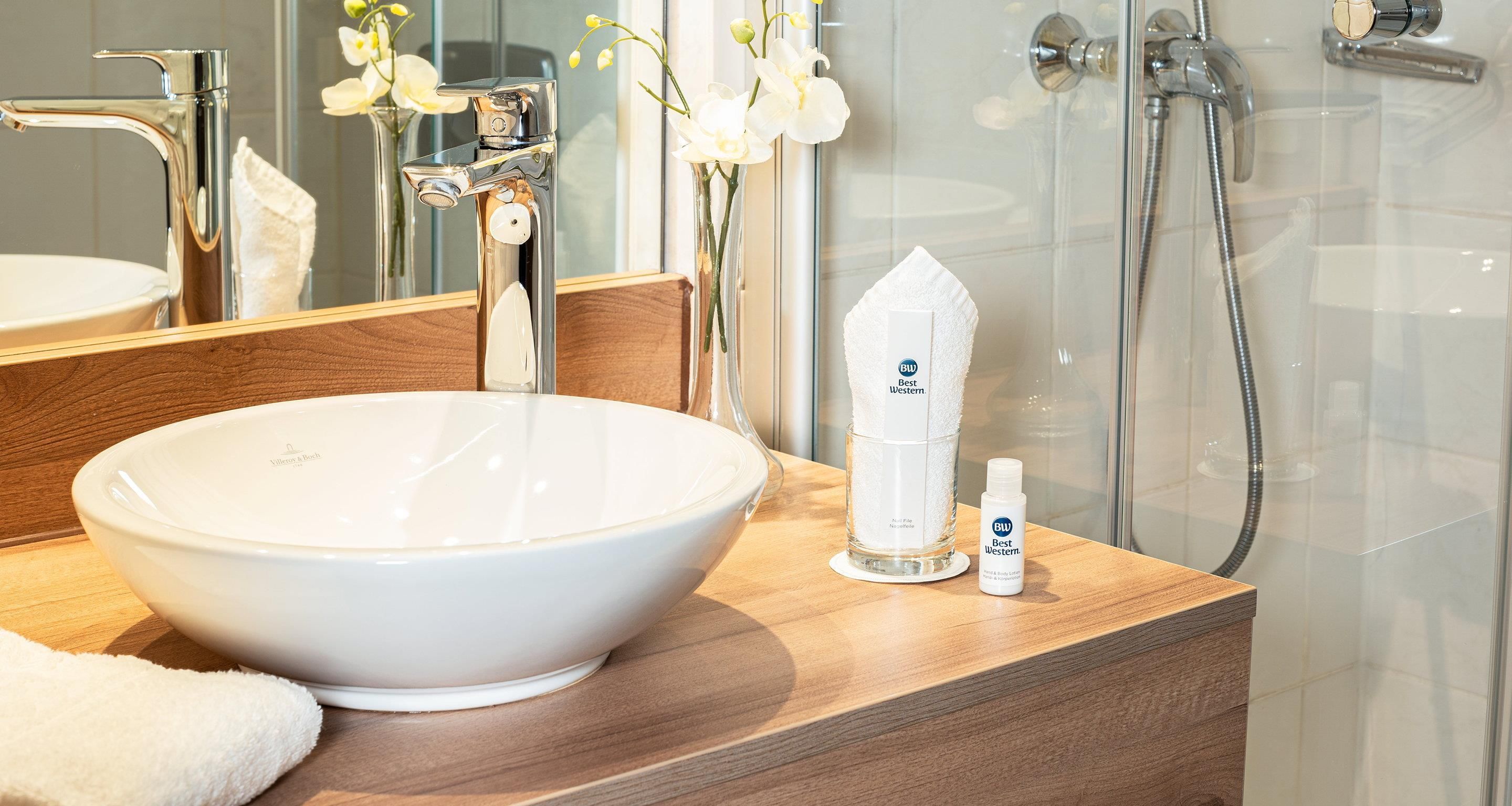 Une salle de bain avec un grand lavabo blanc, un miroir, une douche et un flacon de lotion.