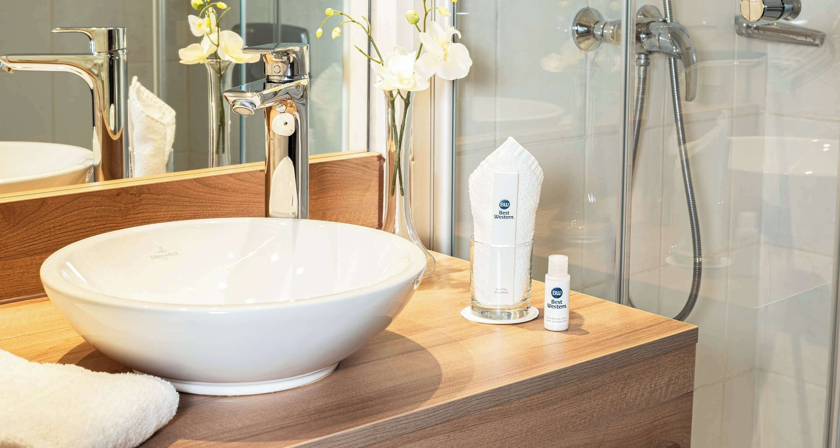 eco-friendly toiletries, hair dryer, towels