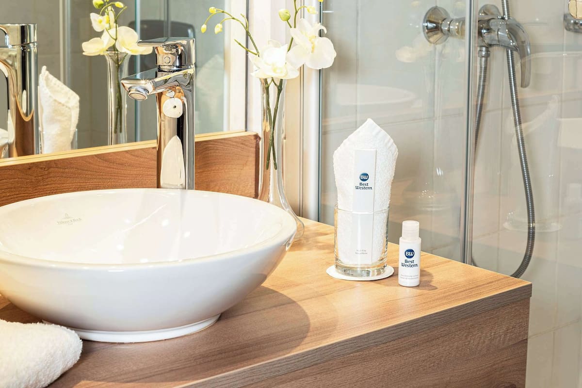 eco-friendly toiletries, hair dryer, towels