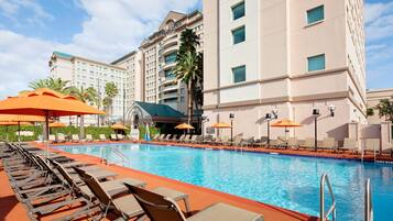 Outdoor pool, pool umbrellas, sun loungers