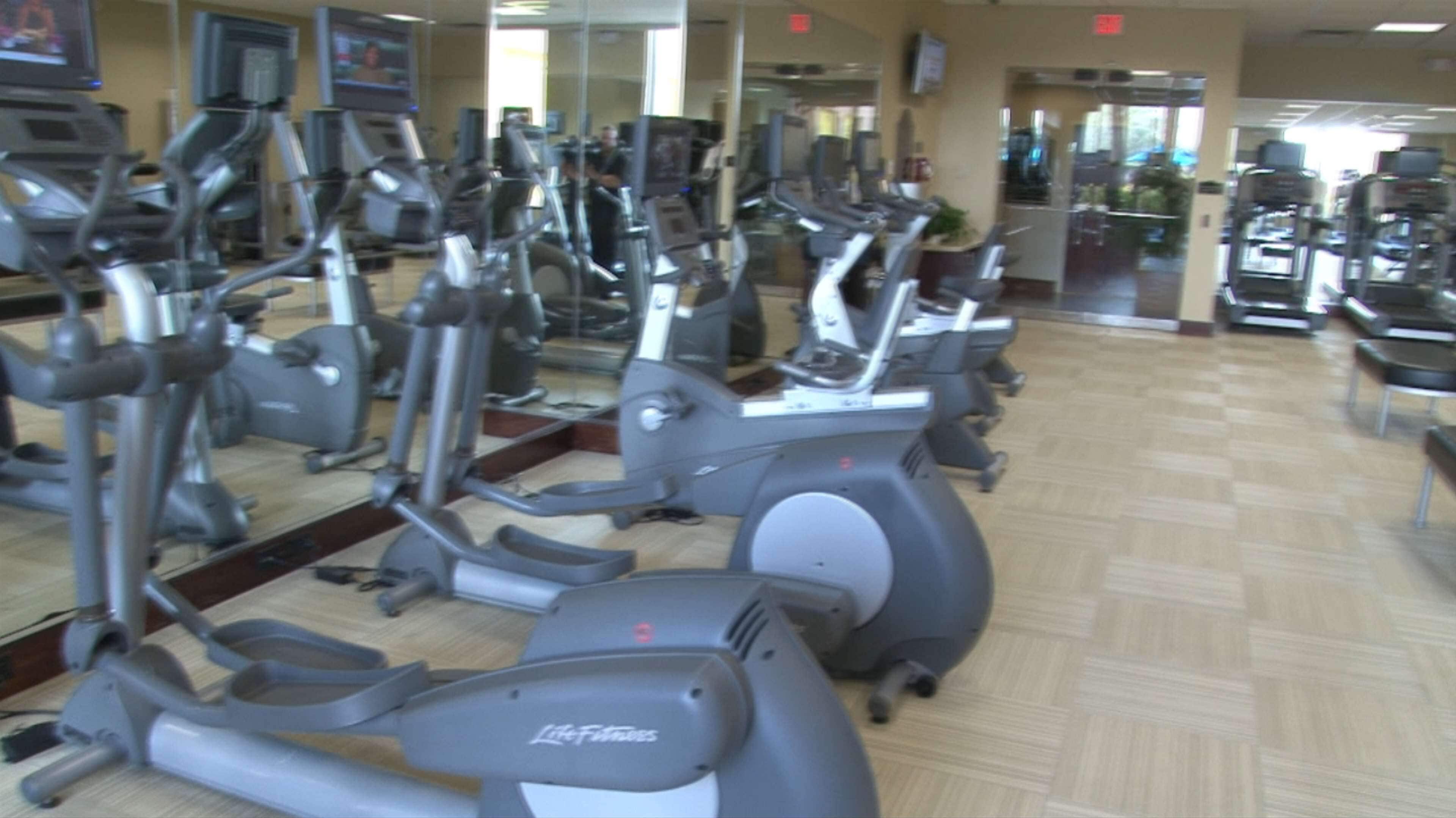 Uma academia com várias máquinas de cardio, incluindo esteiras e elípticos, dispostas em fileiras.