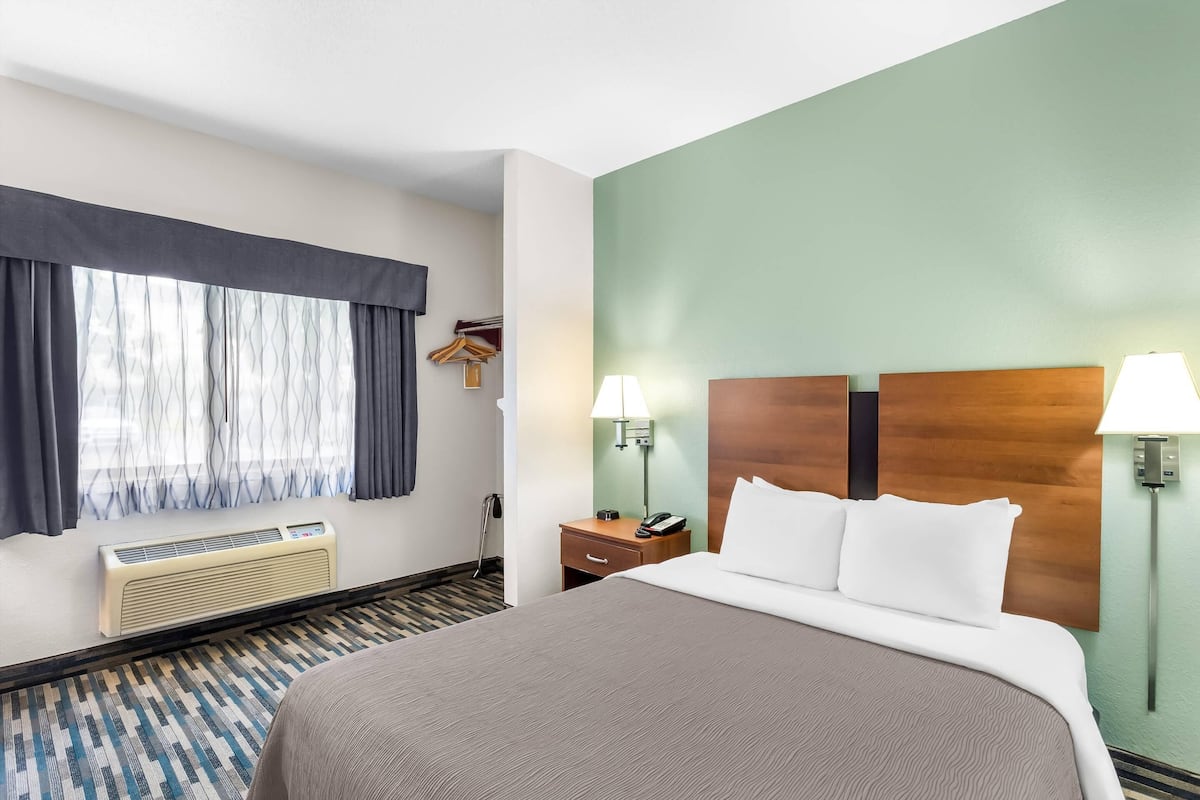 A hotel room with a large bed, a nightstand, a lamp, a heater, and a window with curtains.
